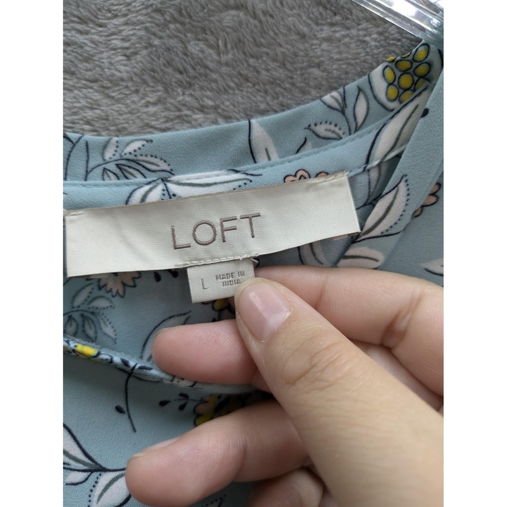 LOFT Blouse Womens Large Blue Floral Balloon Sleeve Round Neck Woven Top - Picture 2 of 7